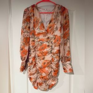 Orange Floral, ruched, long sleeve mini dress